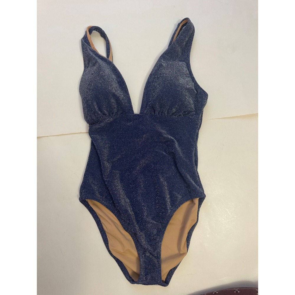 J.Crew Metallic Navy Blue Shimmer V-Neck One-Piece Swimsuit Size M RN77388